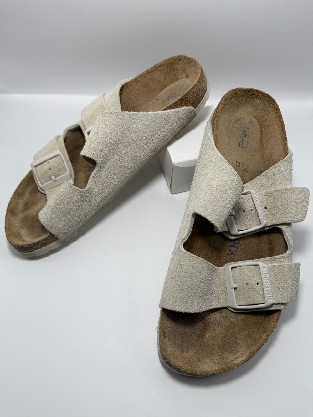 Birkenstock Womenâs Arizona Suede Double-Buckle Slide Sandals in Cream